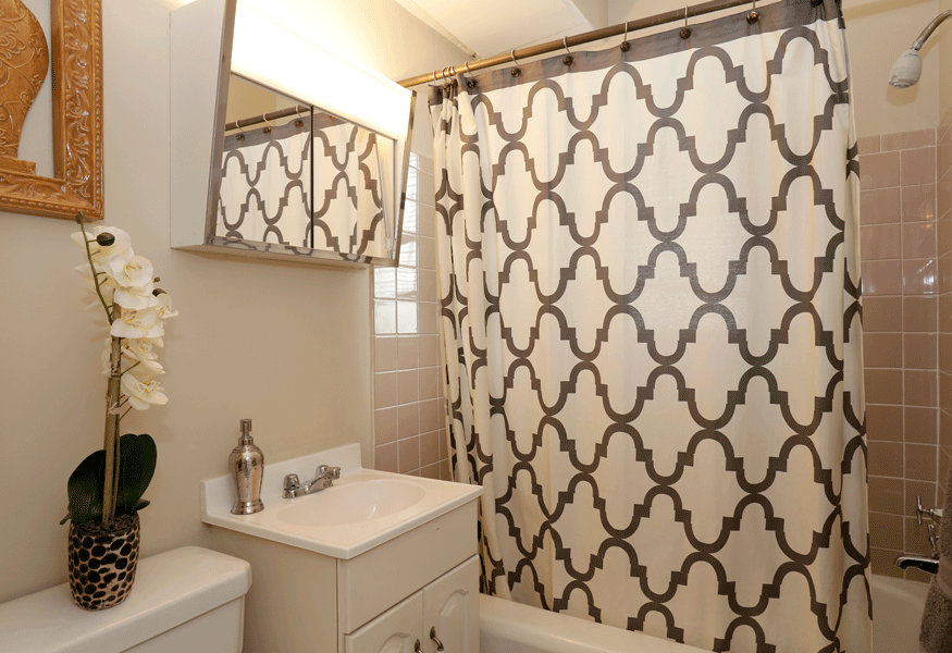 Bathroom with brown and white shower curtain