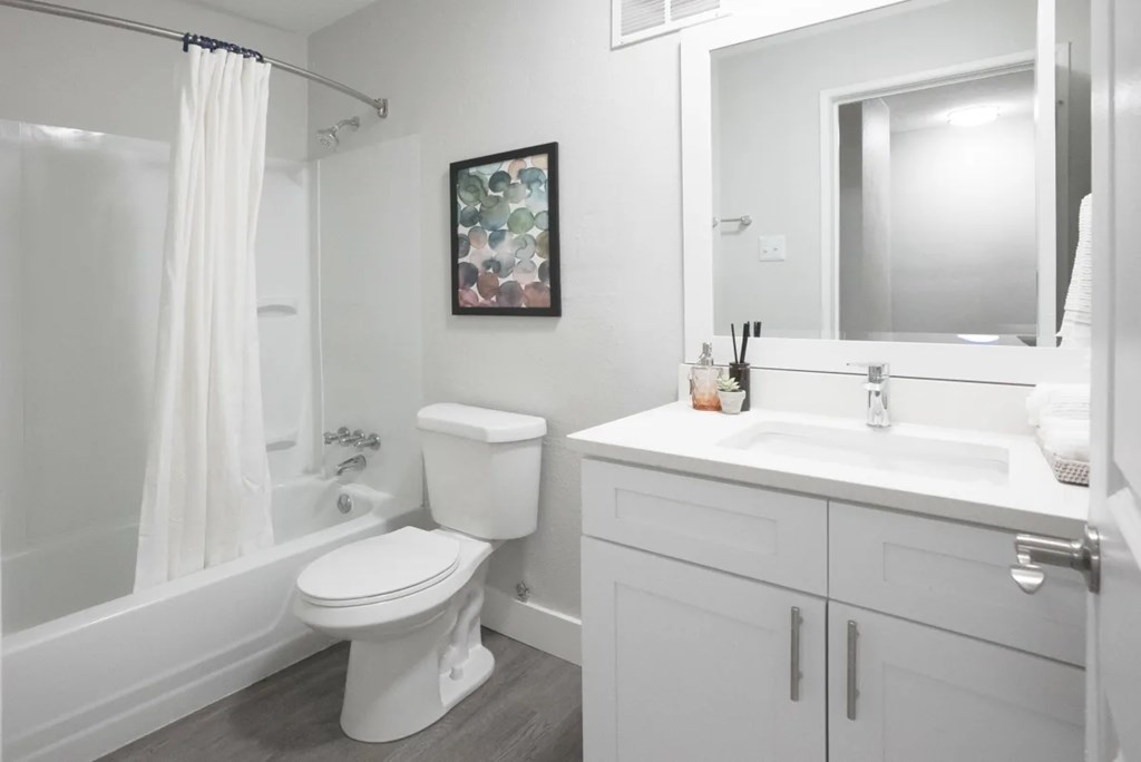 A white bathroom with a toilet, sink, and shower.