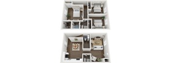 A top-down view of a small apartment with a kitchen, living room, and bedrooms.