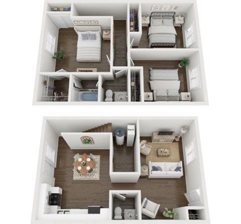 A top-down view of a small apartment with a kitchen, living room, and bedrooms.