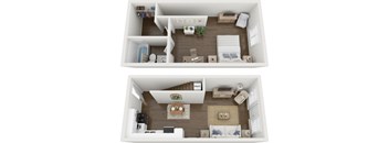 A top and bottom view of a small apartment with a living room and a bedroom.