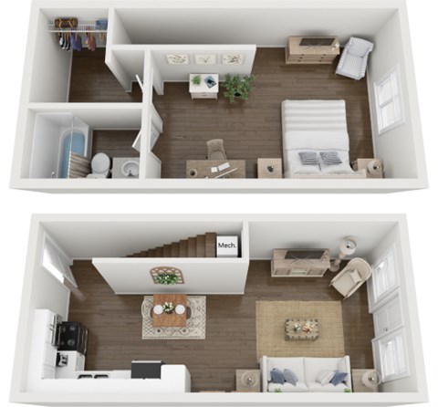 A top and bottom view of a small apartment with a living room and a bedroom.
