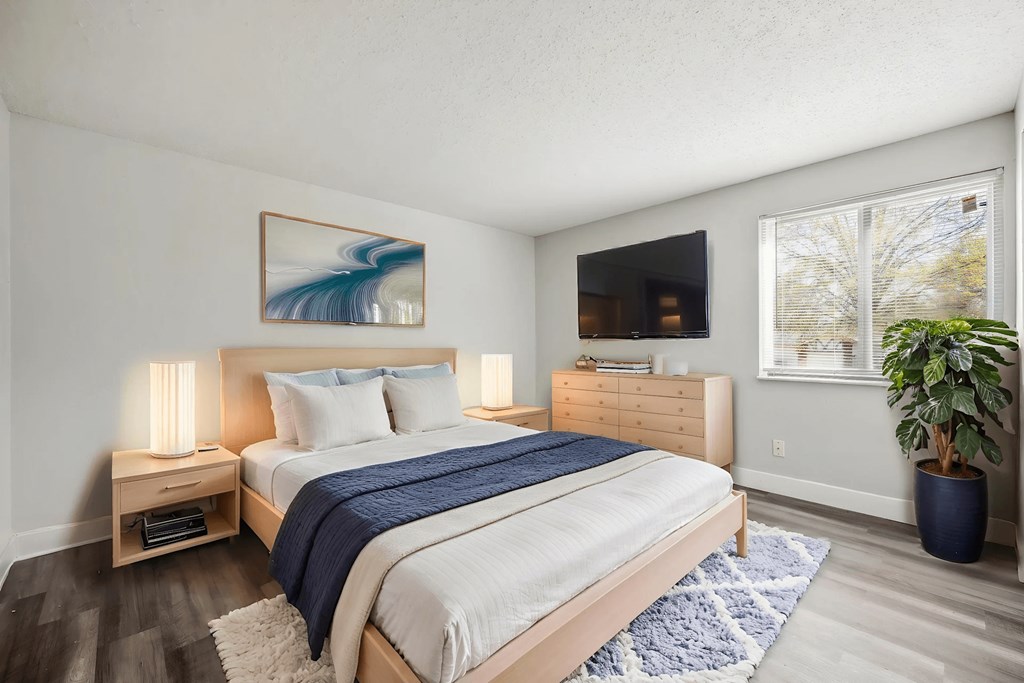 A bedroom with a large bed, a TV, and a plant.