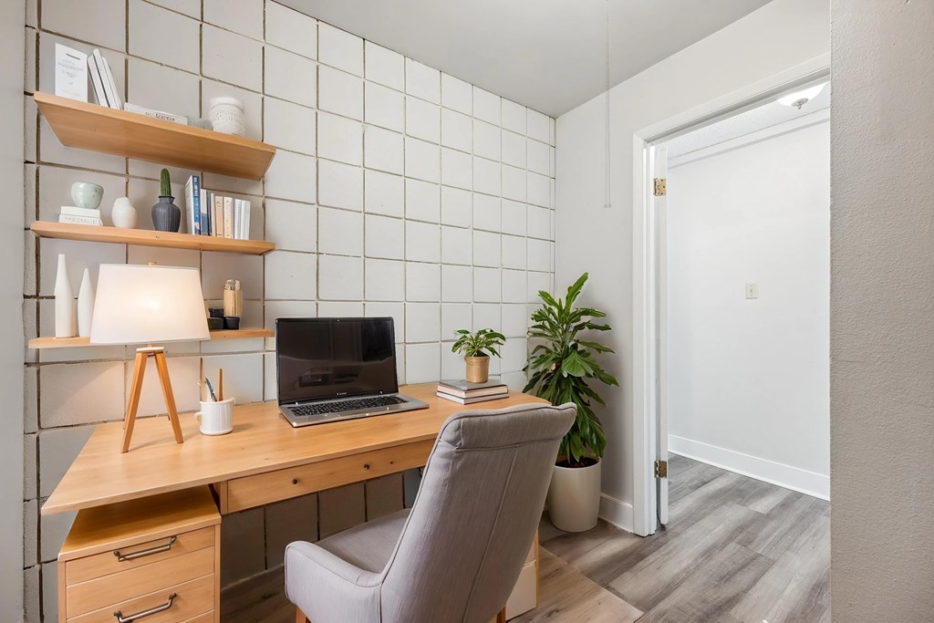 A laptop is on a desk with a lamp and a plant.