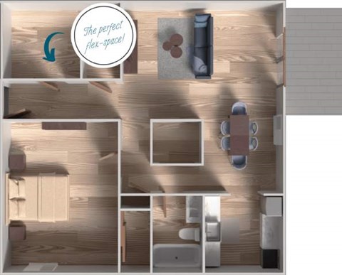 A 3D floor plan of a house with a label that says "The perfect flex-space!".