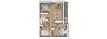 A detailed 3D floor plan of a modern apartment layout.