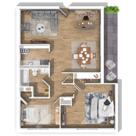 A detailed 3D floor plan of a modern apartment layout.