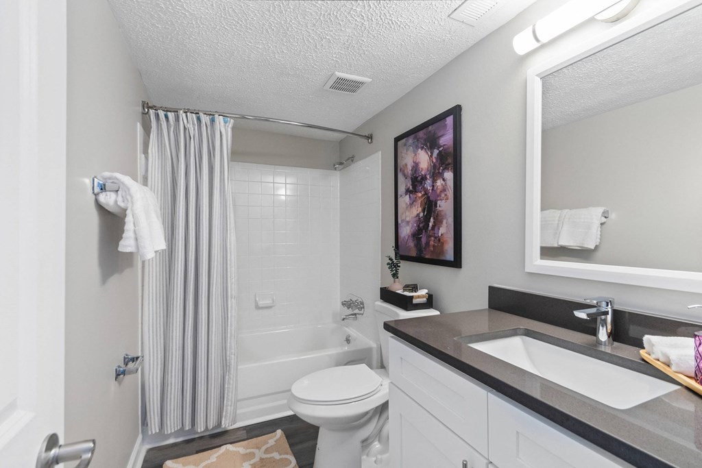 A bathroom with a toilet, sink, and shower.