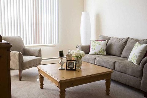 A living room with a grey couch, a wooden coffee table, and a grey armchair.