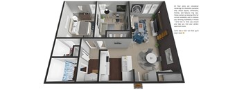 A 3D floor plan of a small apartment with a kitchen, living room, and bedroom.