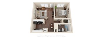 A 3D floor plan of a house with a living room, kitchen, and bathroom.