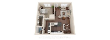 A 3D floor plan of a small apartment with a kitchen, living room, and bedroom.
