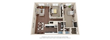 A 3D floor plan of a small apartment with a kitchen, living room, and bedroom.