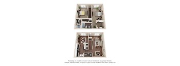 A floor plan of a two-bedroom apartment with a living room, kitchen, and bathroom.
