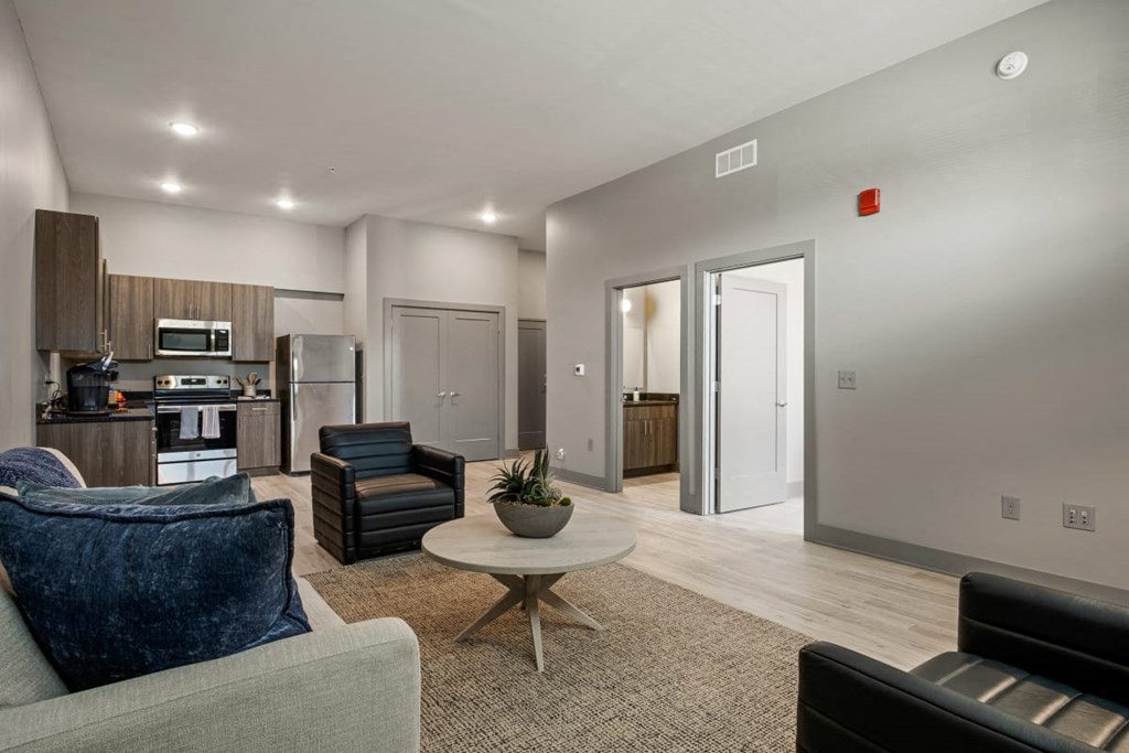 a living room with a couch and a table