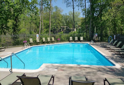 Outdoor pool surrounded by lawn chairs on cement pool deck.  Rectangular in shape with trees surrounding area.  Stairs to bottom right of photo.