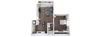 A top-down view of a small apartment layout with a kitchen, living room, and bathroom.