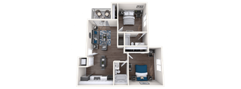 A detailed 3D floor plan of a small apartment layout.