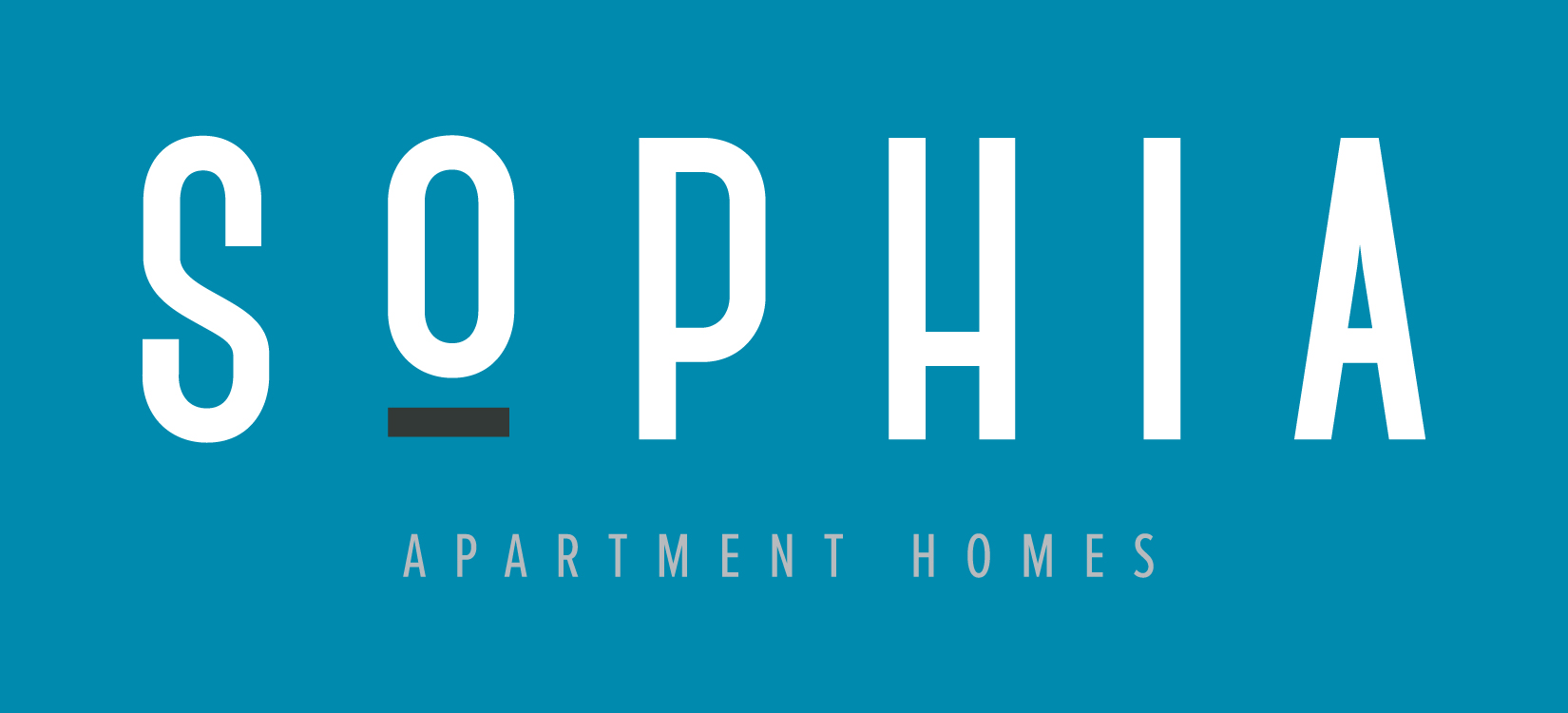 A blue sign with the word "SOPHIA" in large white letters, followed by "APARTMENT HOMES" in smaller white letters.