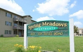 Spring Meadows monument sign. Gold, green and white. Building in background. - Photo Gallery 6