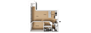 A diagram of a small apartment with a bedroom, living room, kitchen, and bathroom.