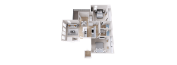 A 3D floor plan of a house with multiple rooms.