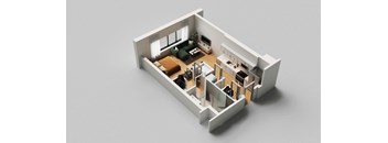 a floor plan of a small apartment with a living room and kitchen