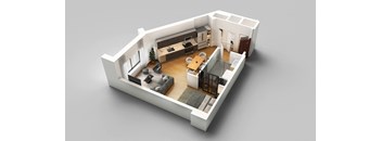 an open floor plan with a kitchen and living room