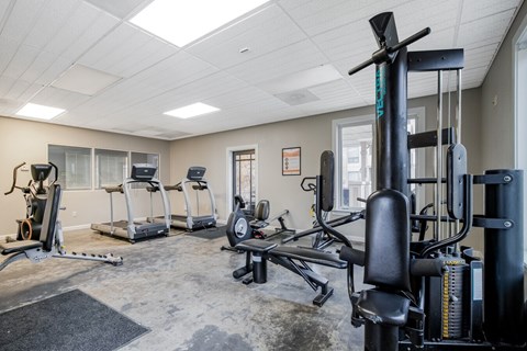 A gym with a variety of equipment including treadmills, weights, and exercise machines.
