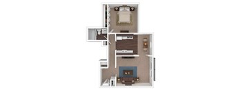 A 3D floor plan of a small apartment with a bedroom, living room, and kitchen.