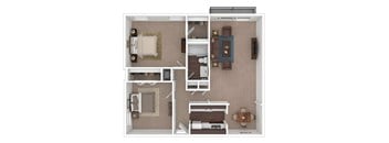 A floor plan of a small apartment with a bedroom, living room, and kitchen.