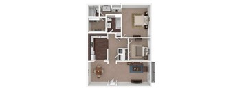 A top-down view of a house layout with a kitchen, living room, and bedrooms.