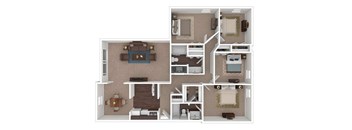 A 3D floor plan of a house with a kitchen, living room, and bedrooms.