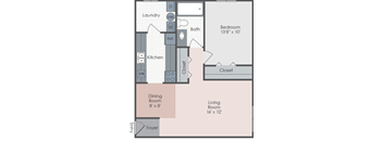 A floor plan of a small apartment with a bedroom, living room, dining room, kitchen, and laundry area.