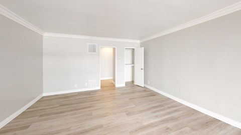 A room with light wood flooring and white walls.