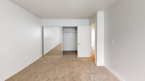 A room with a carpeted floor and a closet with a mirror.