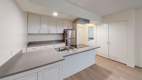 A kitchen with white cabinets and a grey countertop.