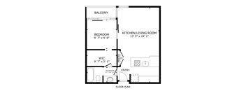 A floor plan of an apartment with a bedroom, kitchen/living room, bathroom, and entry.