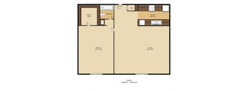A floor plan of a one bedroom, one bathroom apartment.