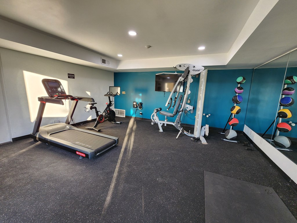a gym with exercise equipment and a tv on the wall