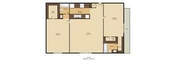 A floor plan of a home with two bedrooms, two bathrooms, and a kitchen.