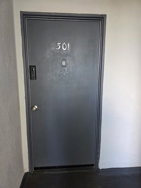A black door with the number 301 on it.