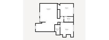 A floor plan of a house with a living room, two bathrooms, and two bedrooms.