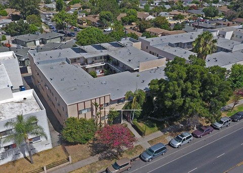 aerial view of building and trees