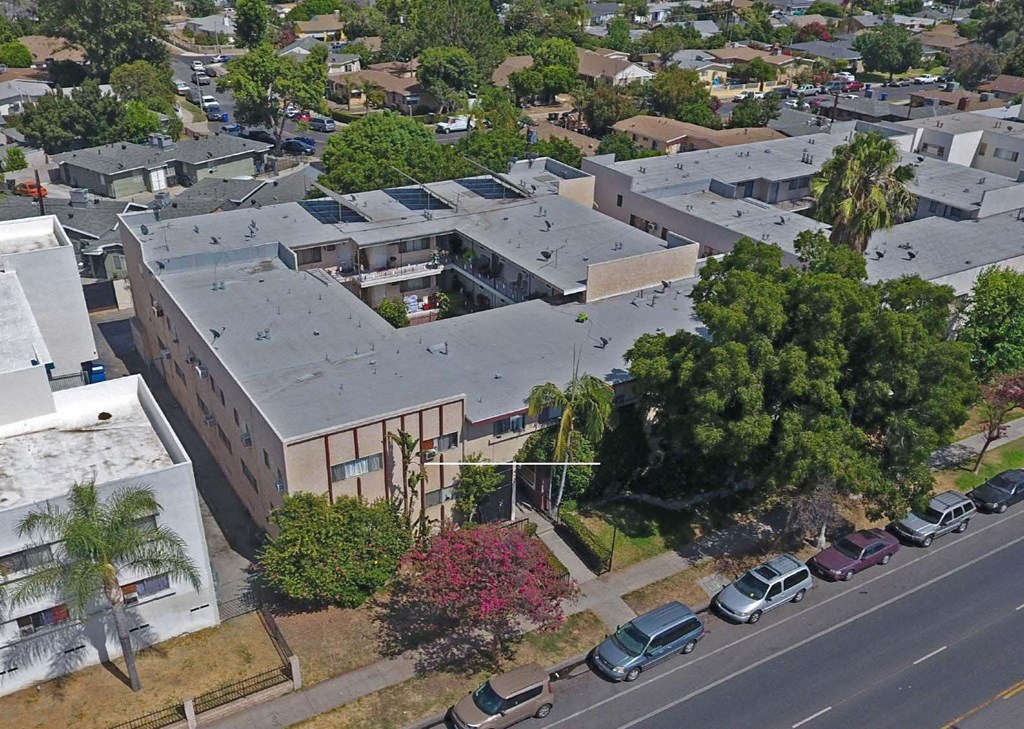 aerial view of building and trees
