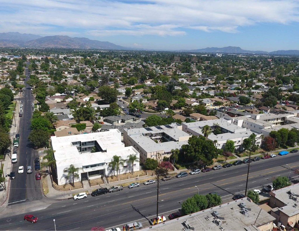Aerial view of neighborhood and main street