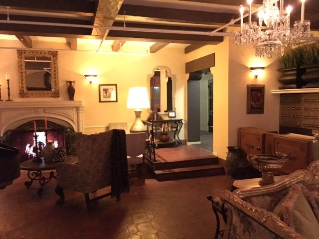 Lobby at night with the fire place on
