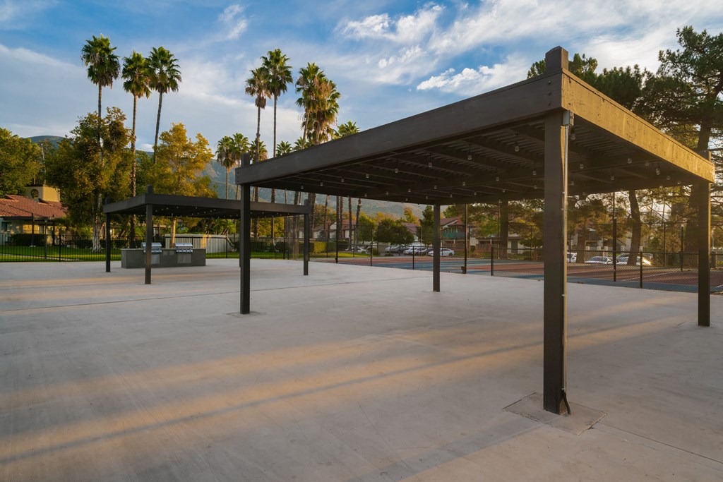 a large open area with palm trees in the background