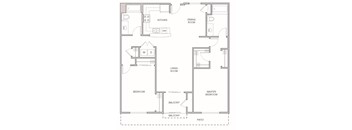 A floor plan of a house with a kitchen, dining room, living room, two bedrooms, and two balconies.