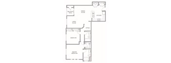 A floor plan of a house with a master bedroom, two bedrooms, a living room, a dining room, a kitchen, a balcony/patio, and an office.